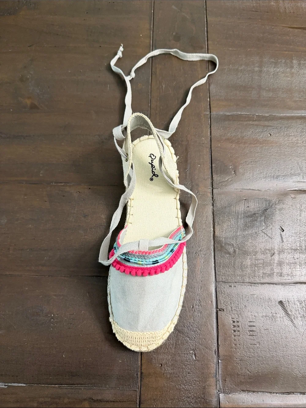 Qupid Light Gray Espadrille Flats with Pink & Aqua Trim